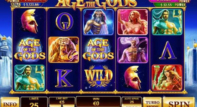 Age of the Gods slot base game with the four jackpot tickers