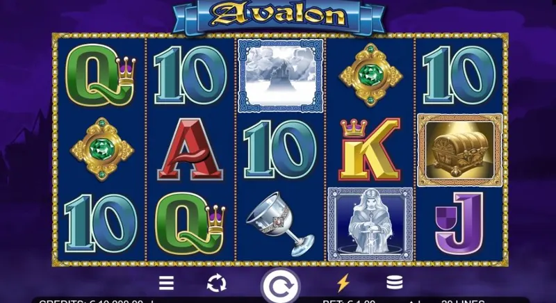 Avalon slot gameplay with the Lady of the Lake and treasure chest symbols
