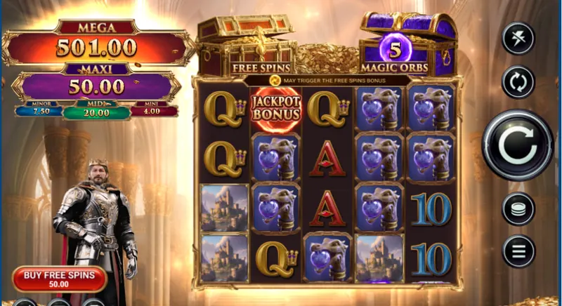 Avalon III slot gameplay with a Jackpot Bonus symbol and Magic Orbs collecting