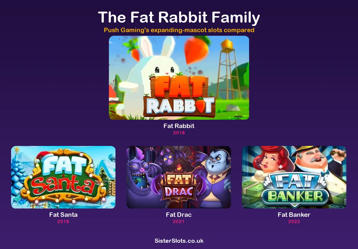 All four Fat-series slots, mascots and max wins compared