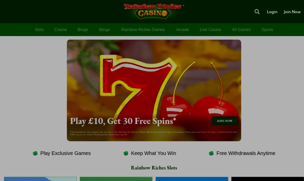 Rainbow Riches Casino homepage